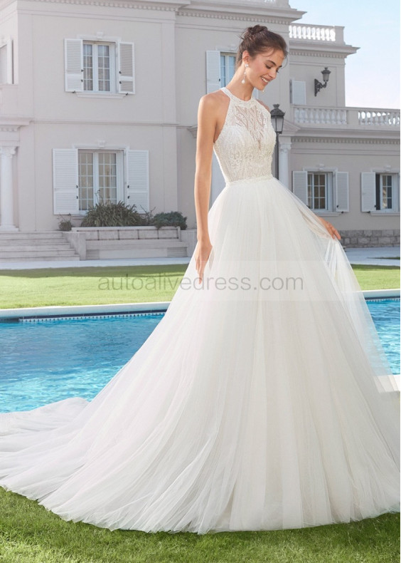 Beaded Halter Neck Ivory Lace Wedding Dress With Detachable Tulle Skirt